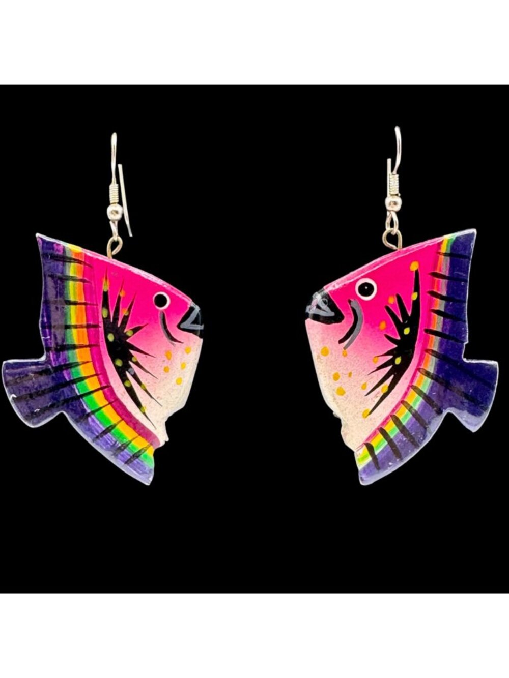 Tropical Fish Earrings Pierced Hand Painted Wood Beachy Summer Bright Colors - Picture 2 of 6